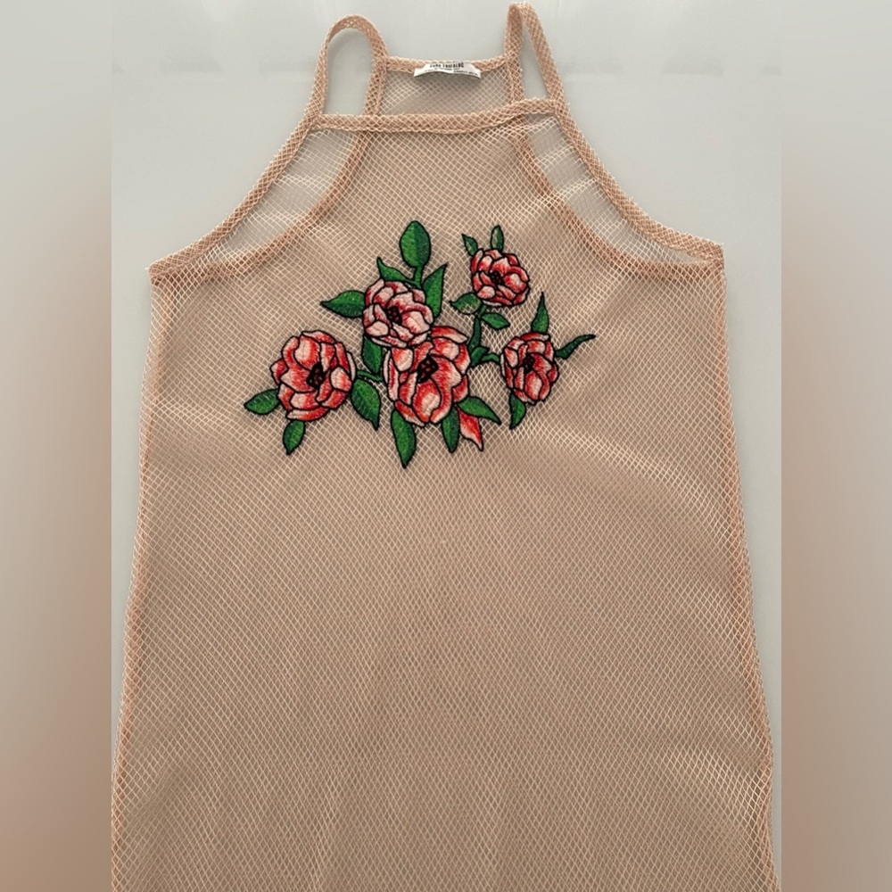 Zara Dress - Mesh Cream/Pink Midi With Floral Aplique Embellishment - Size Small